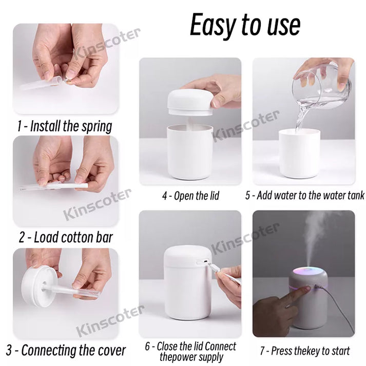 Portable Colorful Mini Humidifier- Essential Oil Diffuser - H2O Humidifier 300 ml USB Air for Bedroom, Car, Office, Desktop with Light & 2 Mist Modes (White), 4.69 x 3.07 3.07inch
